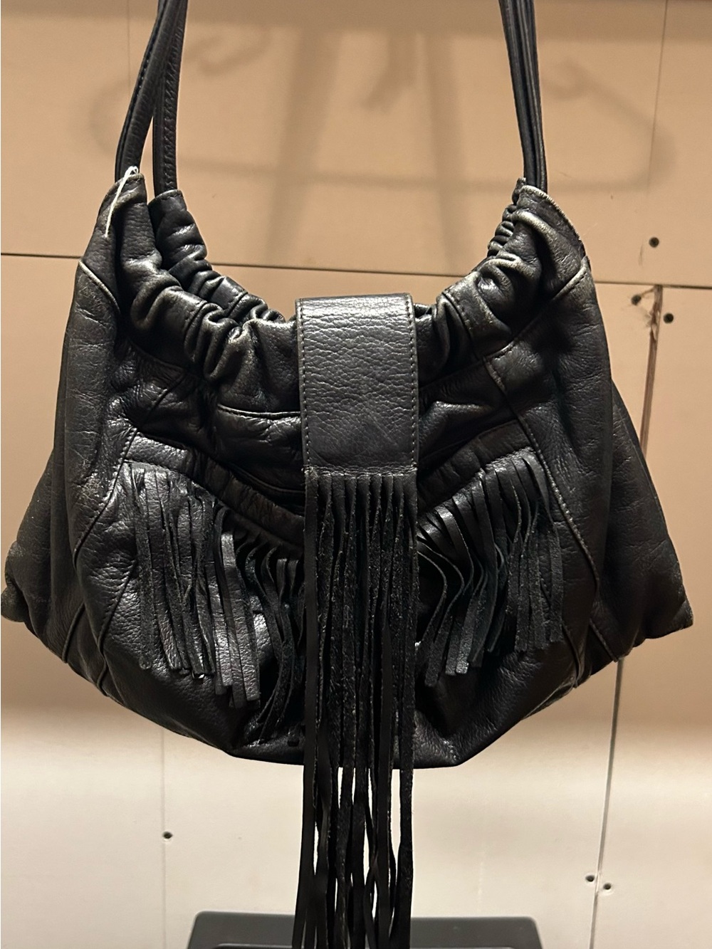 Black Leather Fringe Shoulder Bag - Women's Stylish Everyday Tote